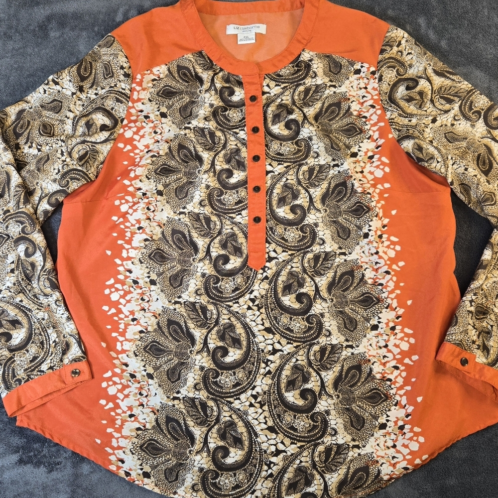 Liz Claiborne Shirt Women Boho Paisley Henley Tunic Lightweight Size PXL Orange